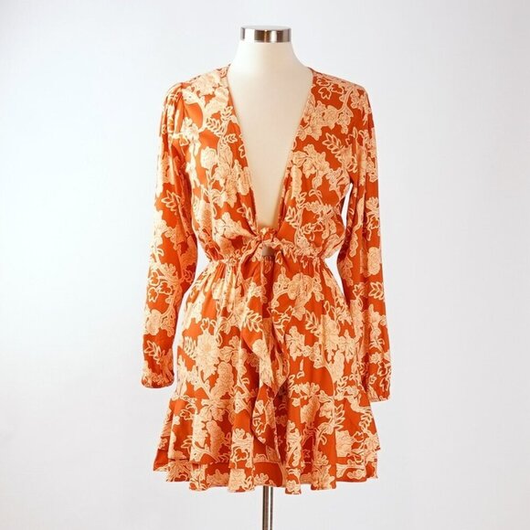 Shore Brand Orange Floral Mini Dress Long Sleeves Ruffle Hem - Size Small - NWT - Picture 1 of 7